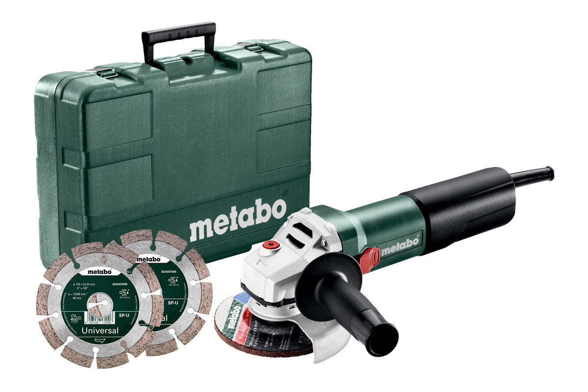 Meuleuses d’angle de la classe compacte - Metabo - WQ 1100-125 Set - Coffret; avec 2 meules de tronçonnage diamantées, écrou de serrage rapide