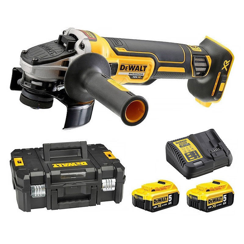 Meuleuse d'angle 125mn + Batteries 18V 5Ah + Chargeur + Coffret TSTAK Dewalt Gamme XR