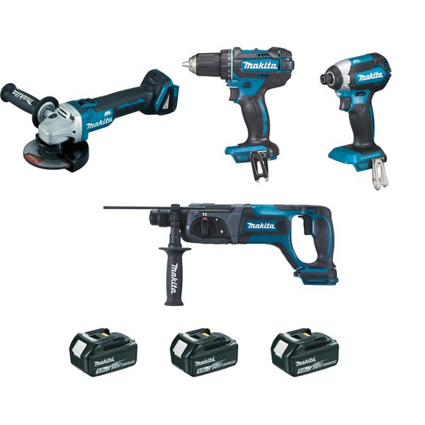 Pack 4 Machines Makita  Perceuse Visseuse + Meuleuse + Perfo-Burineur + Visseuse À Chocs 18V 5Ah